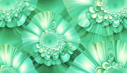 maritim abstrakte Vorlage Hintergrund, geschwungen dynamisch natürlich in bunt grün Perlmutt glänzend, Spiralen Kreise wie Muschel Schnecke, bewegt kurvig wellig schneckenförmig Meer - obrazy, fototapety, plakaty