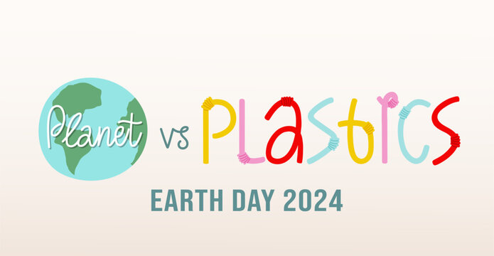 Planet vs plastics Earth day 2024 theme banner. Vector illustration of Earth and plastic straws with handwriting text. Ecology awareness concept. Design for social media, news, poster.