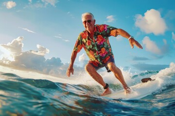 Elderly Surfer in Floral Shirt Navigating a Wave with Focused Precision