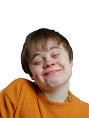 Closeup portrait of a kid with handicap, disabled teenager smiling, close-up on transparent background, youth with cute, happy expression, large smile, feeling good in spite of mental retardation - obrazy, fototapety, plakaty