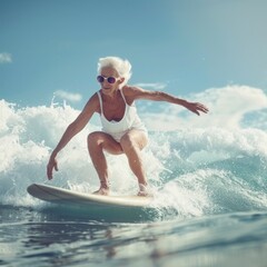 Joyful Elderly Woman Surfing a Wave in Tropical Ocean Wearing Fashion Sunglasses