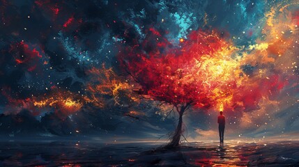 A man draws an abstract tree with colorful smoke flares, an illustration painting