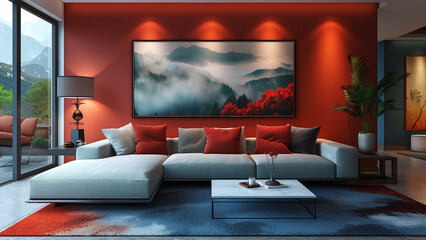 Modern creative living room interior design backdrop ideas concept house beautiful background elevation of sofa with decorative photo paint frame full wall background. Design concept.