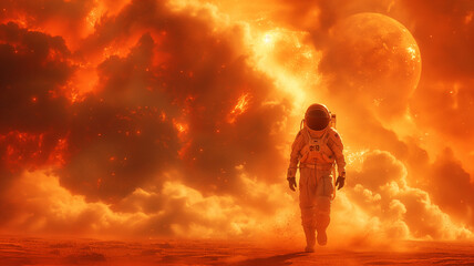 Fototapeta premium Astronaut walks on a burning exploding space planet. Illustration for a fantastic story about a hero in space.