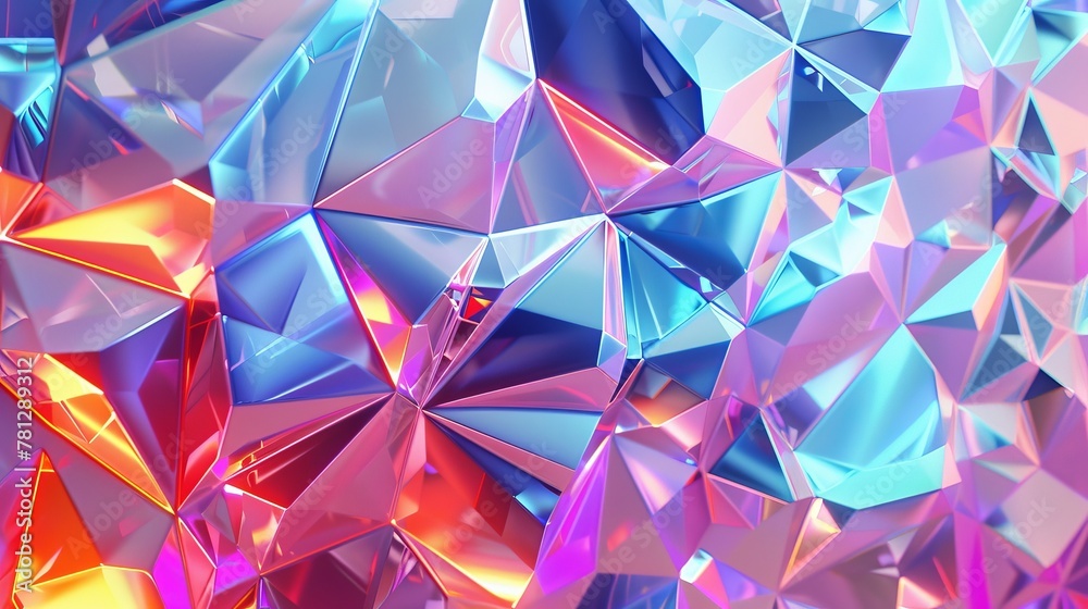Poster background of abstract geometric crystal, iridescent texture, faceted gem. 3d render...