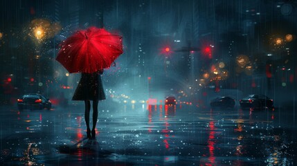 Pedestrian with red umbrella, rainy night, illustration