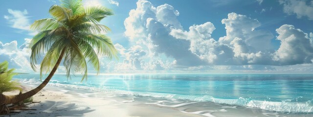 Fototapeta na wymiar Beach with palm tree near ocean in sunny day. Travel vacation concept