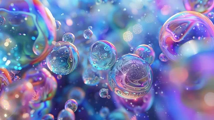 Fotobehang A 3D abstract art piece with floating holographic liquid blobs, soap bubbles, metaballs... © Mark