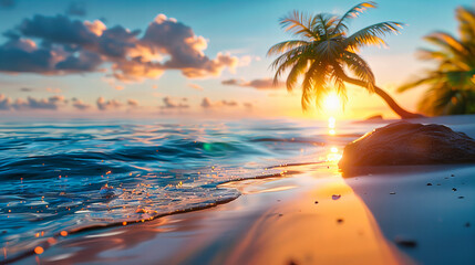 Sunset Embraces the Island Beach, Casting a Golden Glow Over the Sea, Silhouetting Palm Trees in a Perfect Tropical Evening - obrazy, fototapety, plakaty