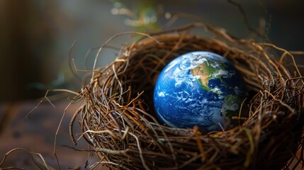 Globe nestled within a natural birds nest, Earth Day campaigns and environmental awareness initiatives