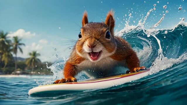 cute squirrel riding on a surfboard