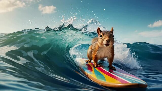 cute squirrel riding on a surfboard