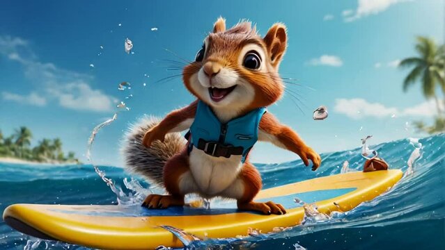 cute squirrel riding on a surfboard