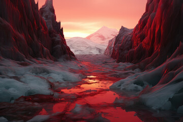 Bloodfrost Glacier reveals a spine-chilling spectacle of red-stained ice, with mysterious screams emerging from its depths. An eerie natural wonder. - obrazy, fototapety, plakaty