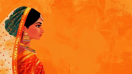 woman dressed in traditional Indian attire, side view, ethnic style, character illustration for Indian festive occasions