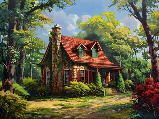 Fototapeta na wymiar Charming cottage an oil painting