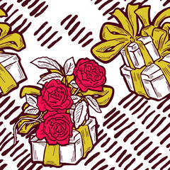 Gift box, ribbon and flowers seamless pattern for wrapping present with bow, party celebration, sale promotion, Textile print, fabric design, banner background. Hand drawn illustration cartoon style.