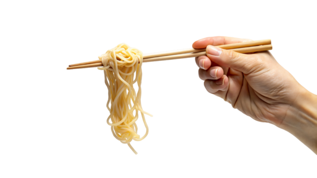 Hand holding chopsticks eating noodle