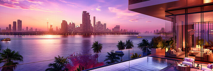 Sunset Over Dubais Skyline, Majestic View of Skyscrapers Along the Waterfront, Urban Luxury and Modernity - obrazy, fototapety, plakaty