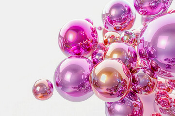 Abstract 3D group of pink spheres of different sizes on white background.