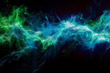 Abstract single line energy spark green white on black background.