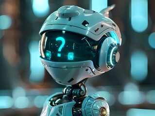 Fototapeta premium Positive cute baby robot a robot with question mark , confused robot , cute background ,copy space for text
