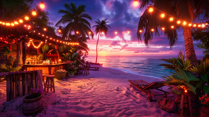 Sunset Serenade on a Tropical Beach, Where the Sky Dances in Colors Above Silhouetted Palms, Ushering in the Night