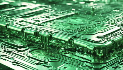 Technik Hintergrund Vorlage für technische Daten Analyse Überwachung Computer Chip Design Makro Prozessor Hardware Mikrochip Leiter Bauteile Platine hoch modern in grün leuchtend fließende Ströme - obrazy, fototapety, plakaty