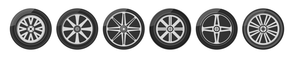 Set of car wheels icon. A wheel tyre for the car and the motorcycle and the truck and the SUV. Round and transportation, automobile equipment, vector illustration in flat design