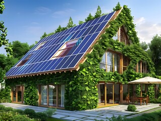 Obraz premium Photovoltaic panel on the roof of the house, solar panner concept