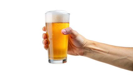 Hand holding a glass of cold beer with frothy foam