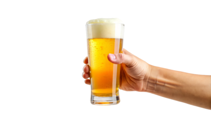 Hand holding a glass of cold beer with frothy foam