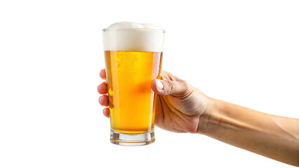 Hand holding a glass of cold beer with frothy foam