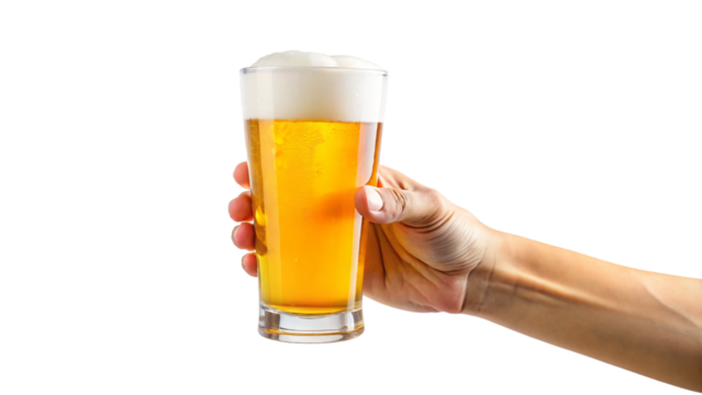 Hand holding a glass of cold beer with frothy foam