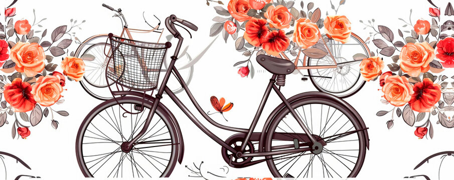 Artistic representation of a bicycle with floral background, combining elegance and a whimsical charm. Banner. Copy space