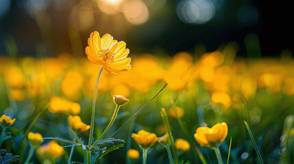 field of yellow flowers at sundown - obrazy, fototapety, plakaty