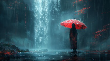 Painting illustration of a woman standing against a waterfall with an umbrella