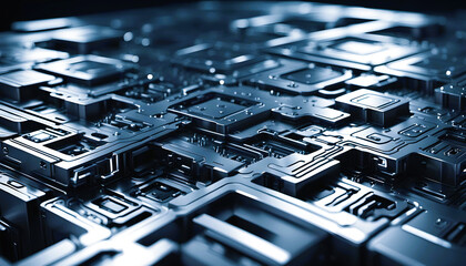 Technik Hintergrund Vorlage für technische Daten Analyse Überwachung Computer Chip Design Makro Prozessor Hardware Mikrochip Leiter Bauteile Platine hoch modern schwarz silber leuchtend Ströme - obrazy, fototapety, plakaty