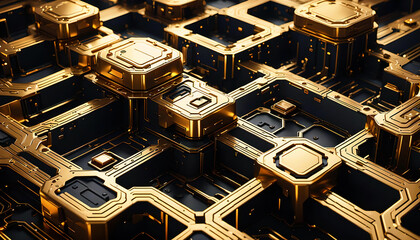 Technik Hintergrund Vorlage für technische Daten Analyse Überwachung Computer Chip Design Makro Prozessor Hardware Mikrochip Leiter Bauteile Platine hoch modern schwarz gold leuchtend fließende Ströme