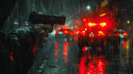 Thief with gun caught by police car light on rainy night with digital art style, illustration painting