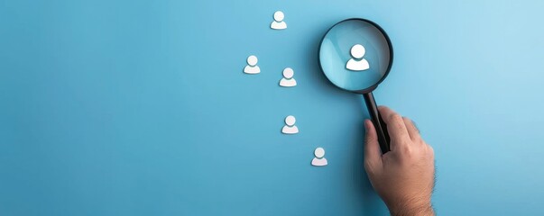Fototapeta premium A hand holding magnifying glass over target and people icon on blue background, focusing or choosing the right person for business development