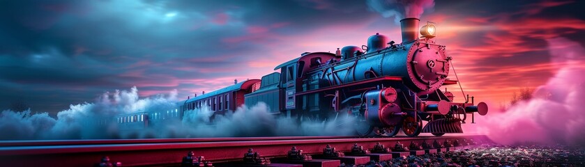 Atmospheric steam train ride at night, nostalgic, transportation, travel - obrazy, fototapety, plakaty