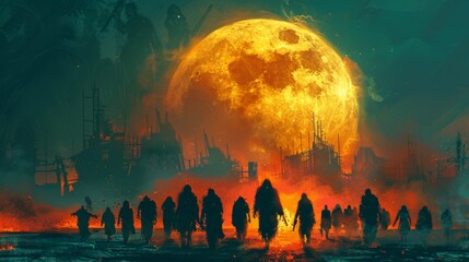Obraz na płótnie Canvas Zombie crowd walking at night, digital art style, illustration painting