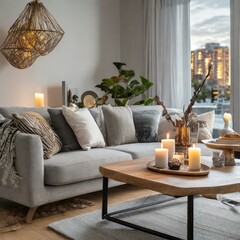 modern living interior.A minimalist bohemian living room in a cozy urban apartment, featuring a sleek light gray sofa accented with textured pillows and throws. A wooden coffee table adorned with cand