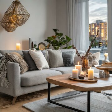 modern living interior.A minimalist bohemian living room in a cozy urban apartment, featuring a sleek light gray sofa accented with textured pillows and throws. A wooden coffee table adorned with cand