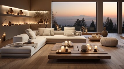 Beige sofa with cushions, modern living room interior