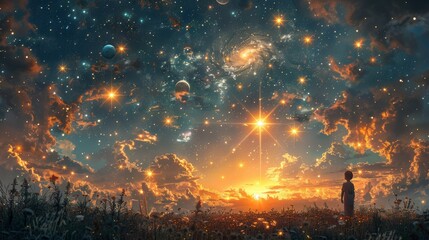 A beautiful illustration painting of a young boy holding a star amid glowing planets in the night sky, created with digital art.