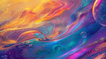 The background is an abstract 3D art background. Holographic floating liquid blobs and soap bubbles.