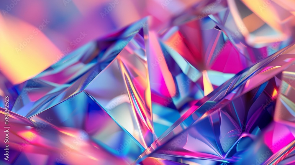 Poster an abstract geometric crystal background with an iridescent texture and liquid in 3d...