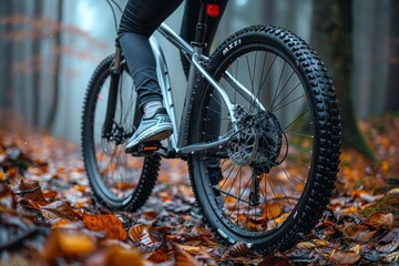Fototapeta premium Person Riding Mountain Bike Through Forest